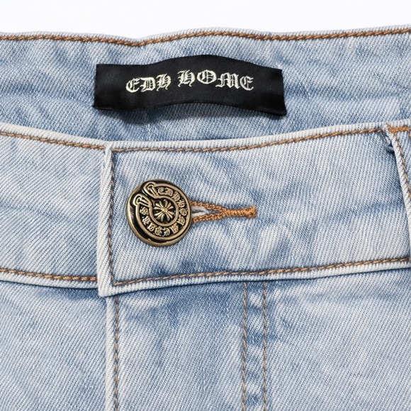 CDH Homme Gothic Cross Embroidery Distressed Blue Denim Jeans Y2K Streetwear s34 - Picture 4 of 8